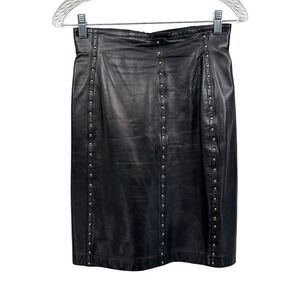 Escada Leather Pencil Skirt Gold Riveting Detail Lined Zip Black Women Size 34*